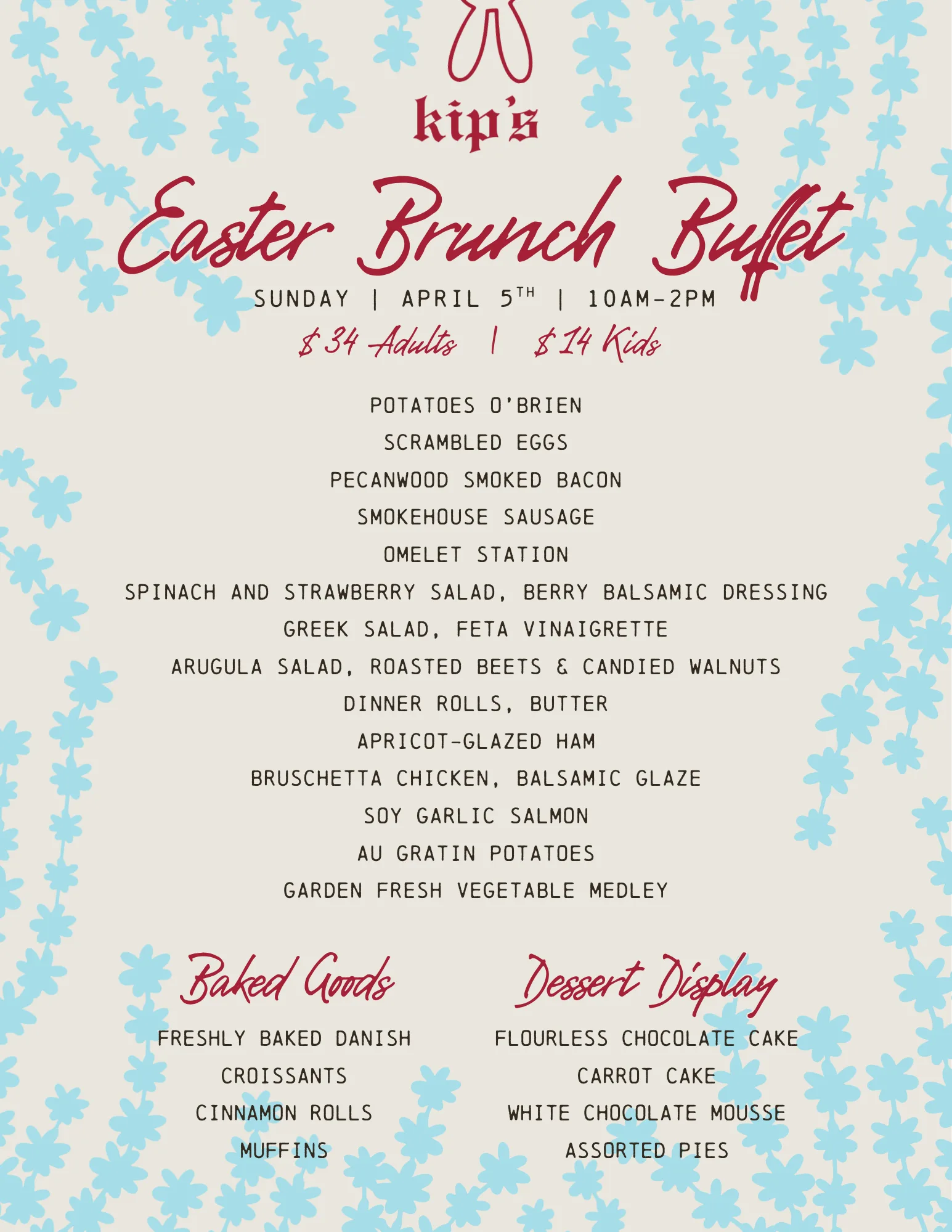 Kip's Irish Pub's Easter Brunch Menu